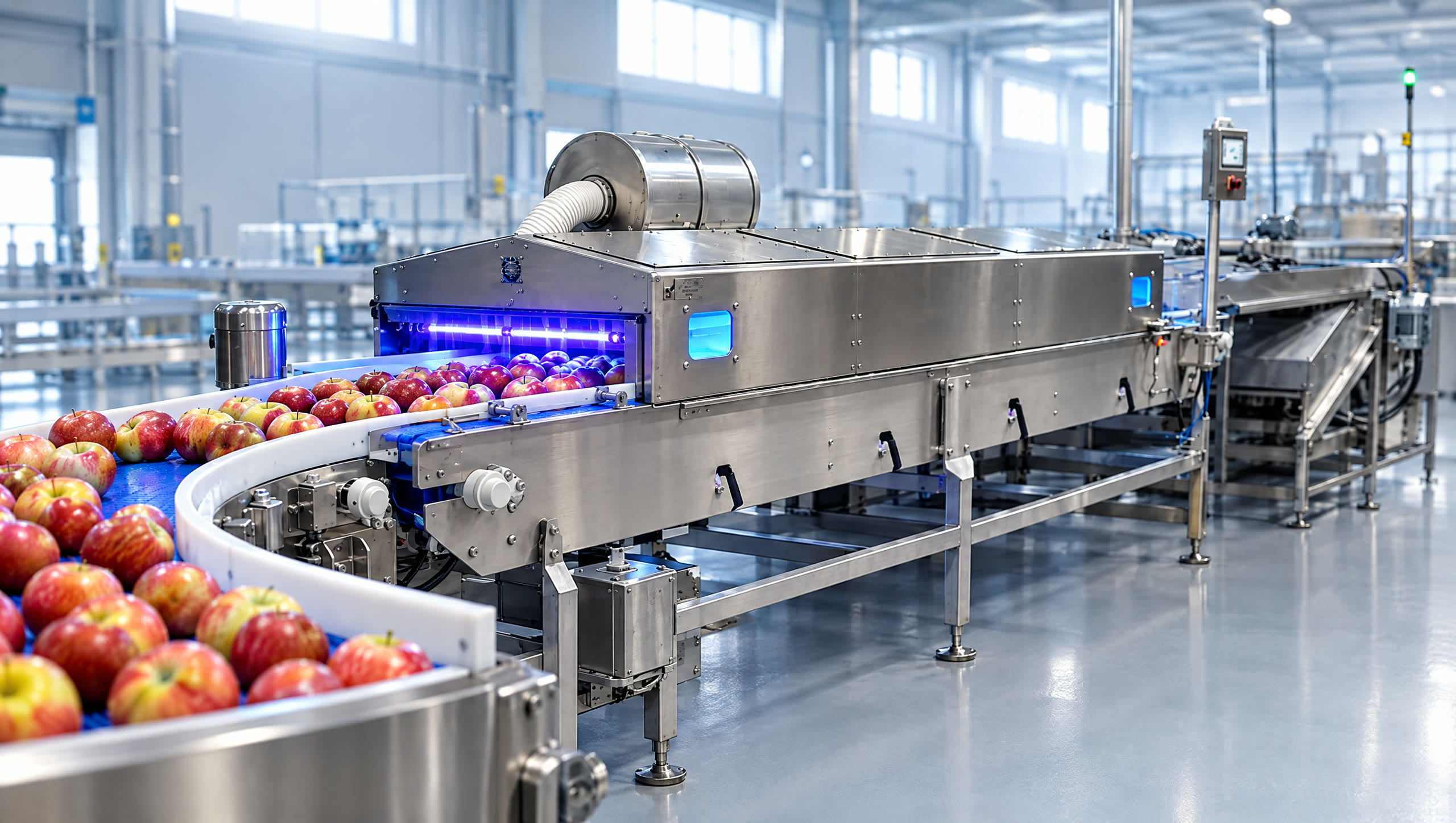 Fresh produce entering a stainless-steel Clean Works treatment chamber lit by UV-C lamps